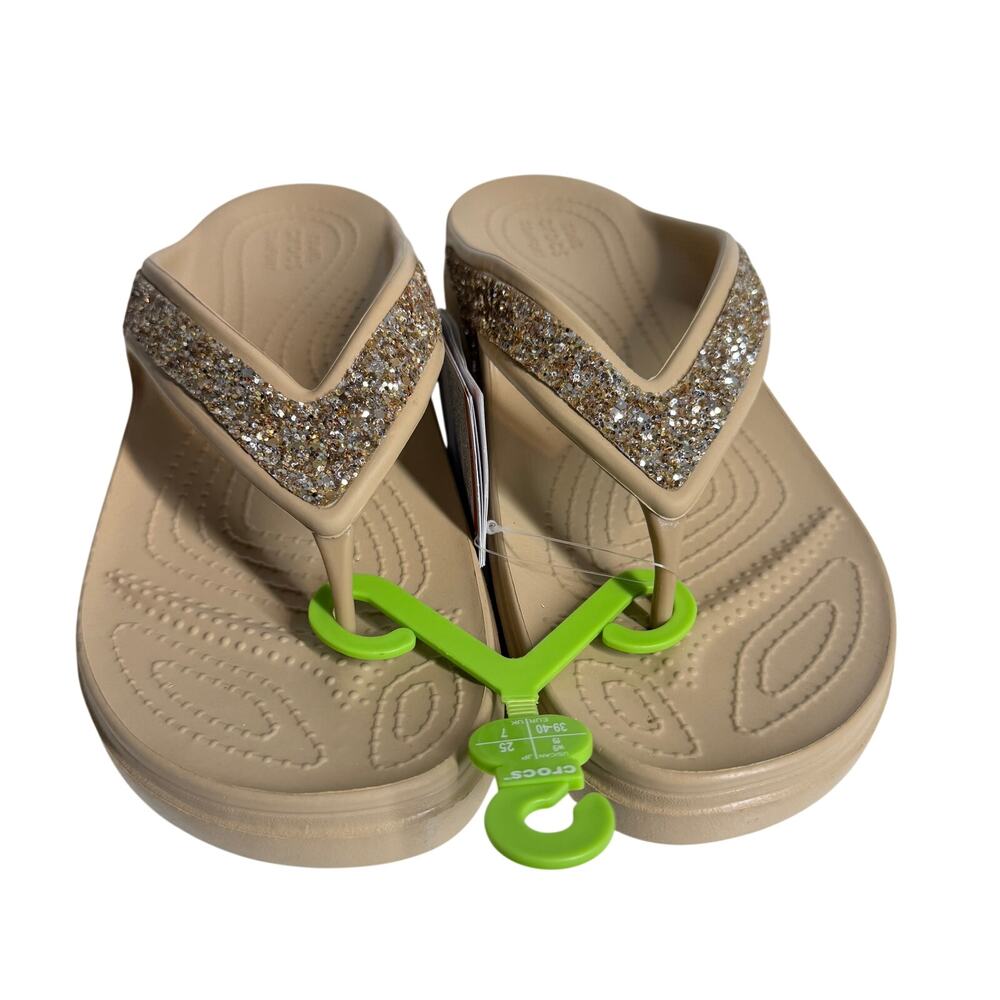 NWT Crocs Women Sloane Glitter Flip Flops Tan/Gold Shimmer comfy platform size 9 - Picture 7 of 14